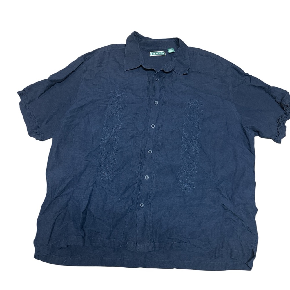 Cubavera Linen Blend Dark Blue Casual Button Down Shirt With Embroidery